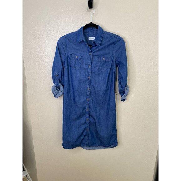 Maison Jules Womens Denim Button-Up Shirt Dress Roll Sleeves Cotton Small Blue - Picture 1 of 7